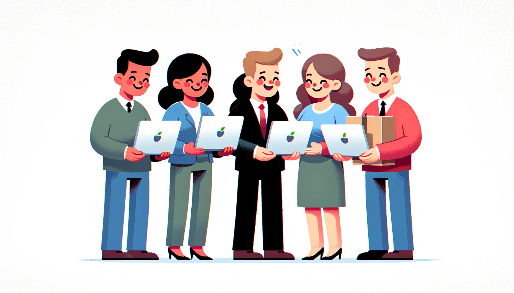DALL·E 2023-12-07 10.03.38 - A simple cartoon image of a team receiving laptops. The scene shows a group of four diverse businesspeople, each happily receiving a laptop from their